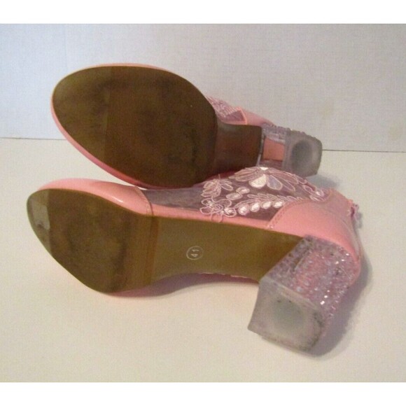 Dodo Heels Patent Leather Pink Lace Ankle Shoes Flower Mesh Chunky Heels Size 9 - Picture 8 of 10